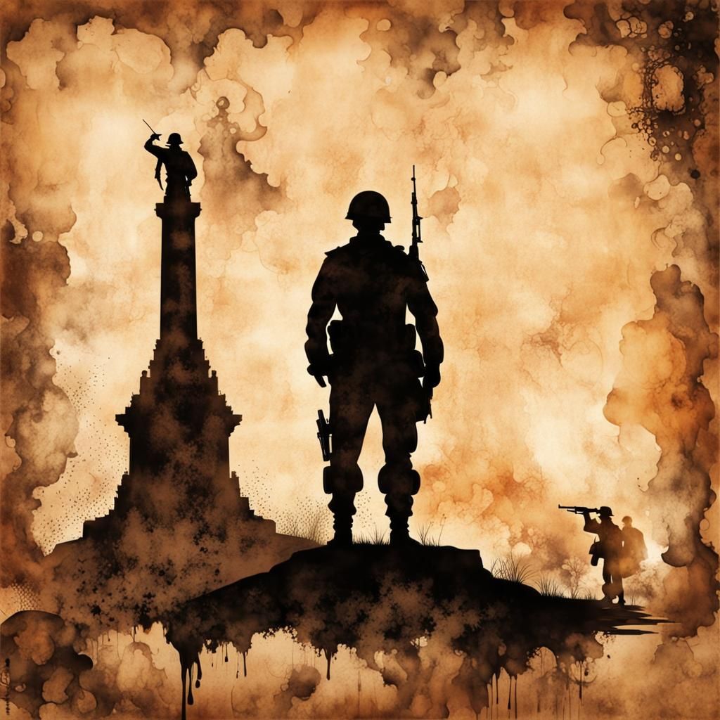 Steampunk Soldier Silhouette in Ink Painting Style