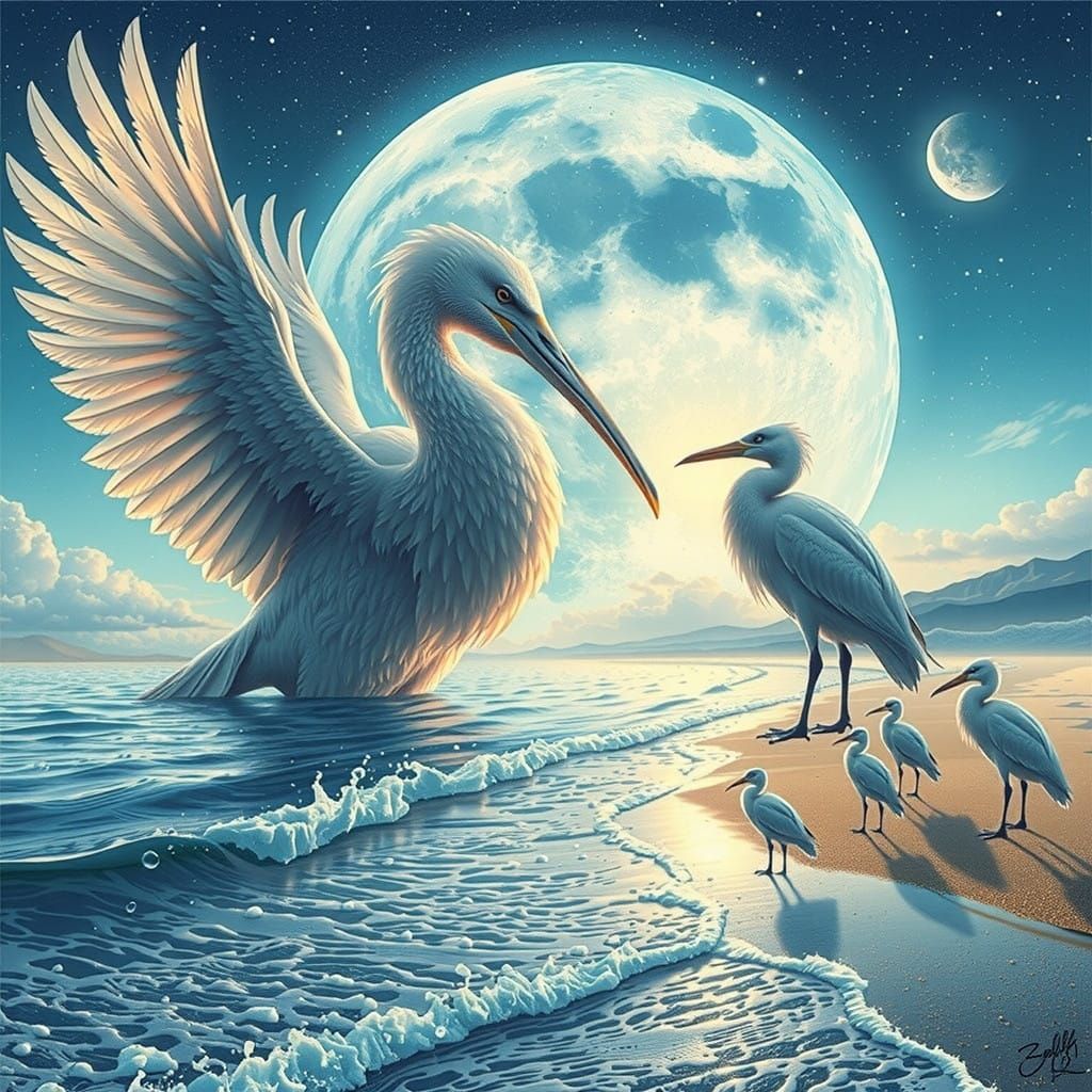 Two Majestic White Birds Converse on Seaside Shore