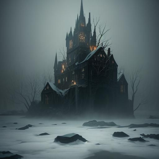 Surreal Gothic Landscape with Icebergs and Decay