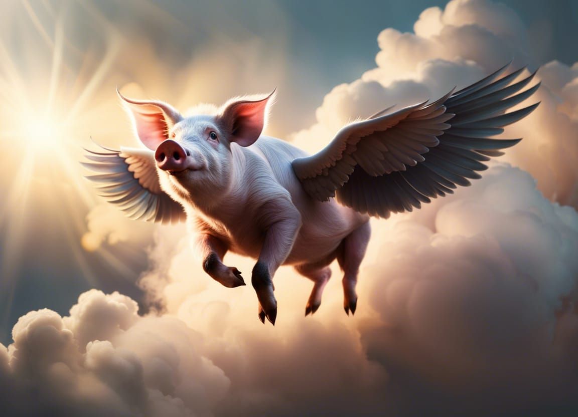 Flying Pig with Wings in the Clouds
