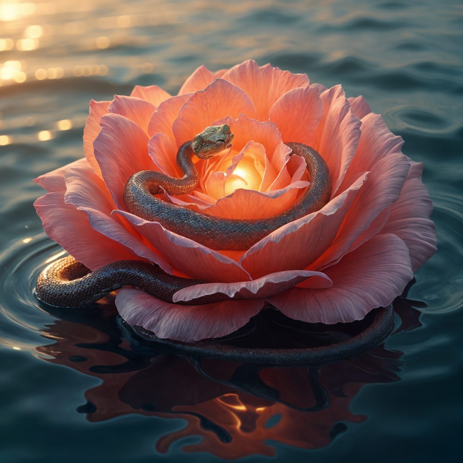 Serpent Sleeping in a Rose at Sunset
