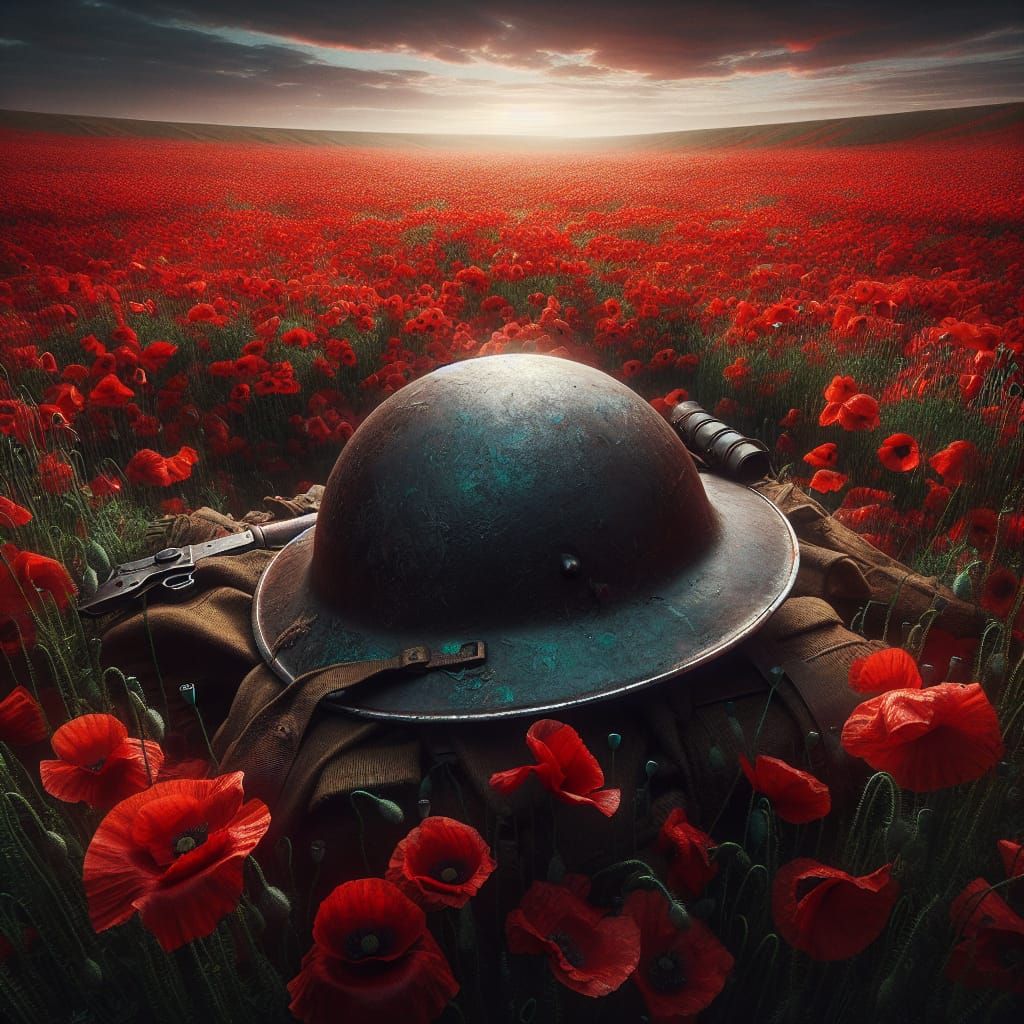 World War II Helmet in Poppy Field Digital Art