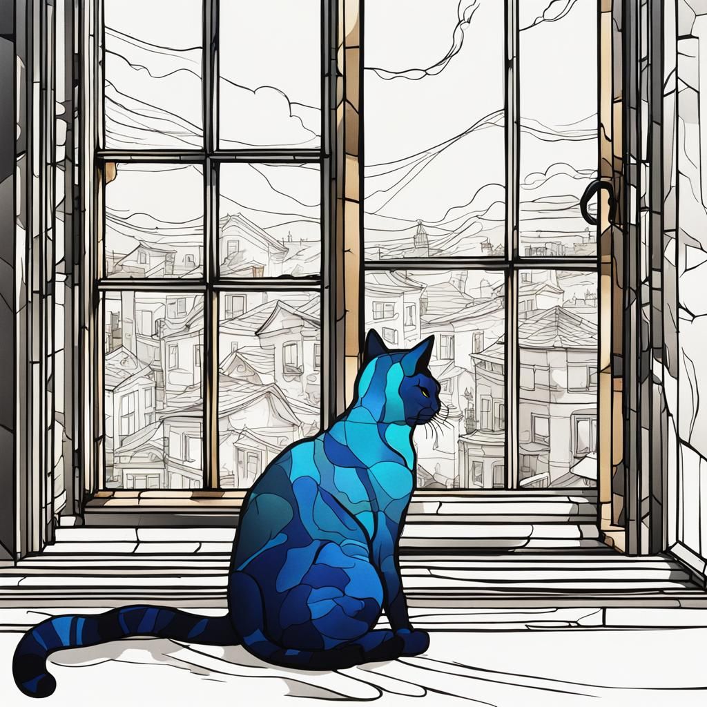 abstract ink pen style image of an outline of a cat sitting on a window sill with white space