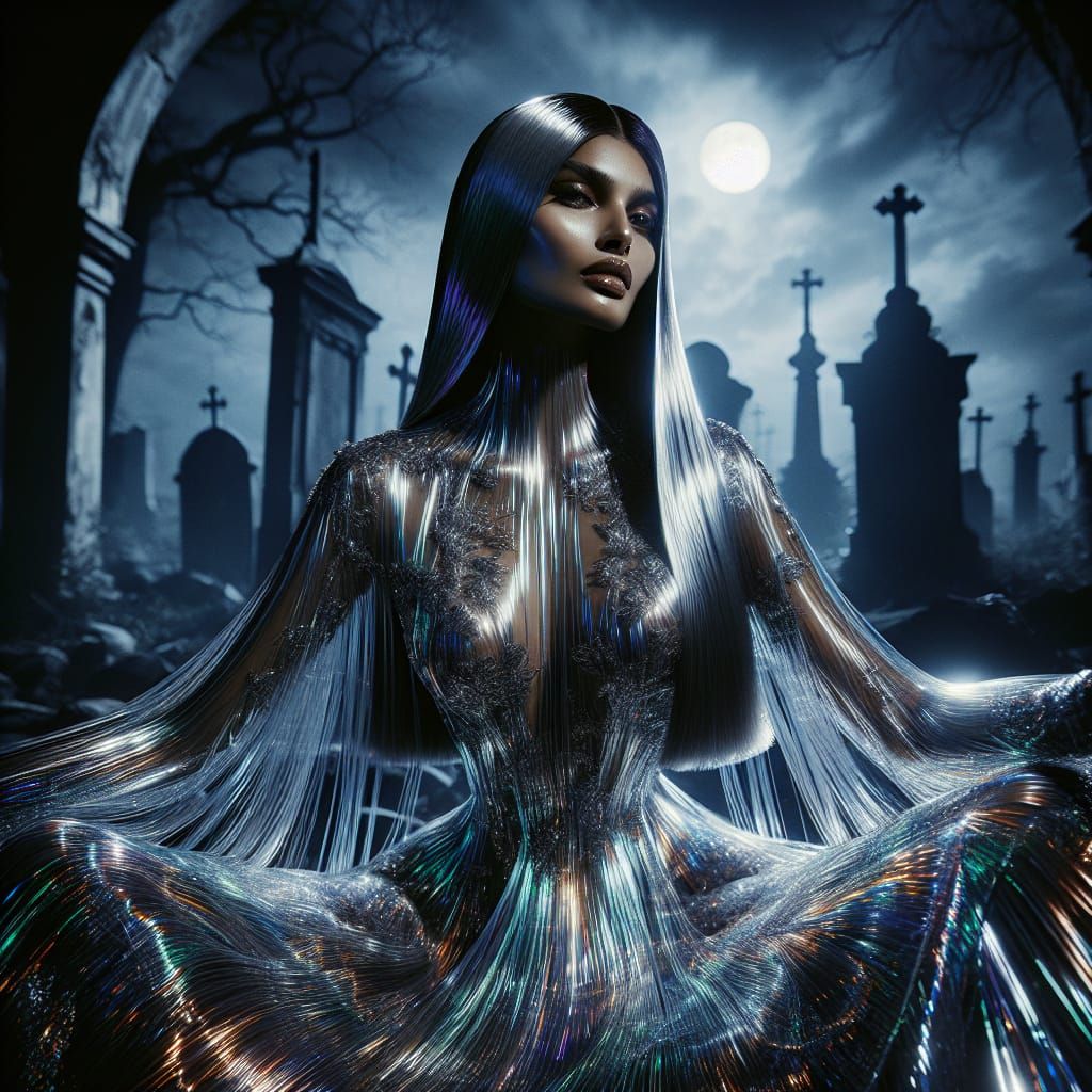 Holographic South Asian Woman in Spun Glass Gown