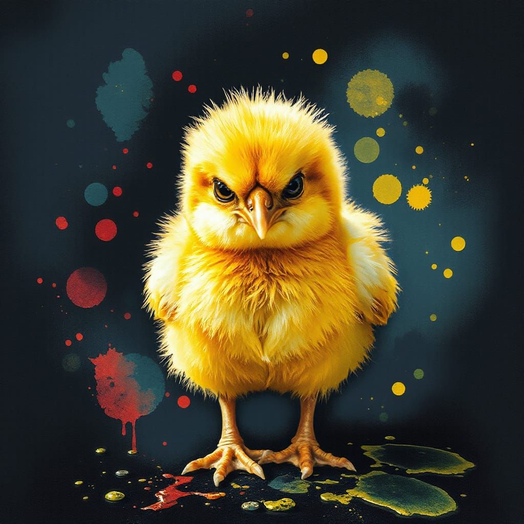 Grumpy Chick with Vibrant Ink Splatters