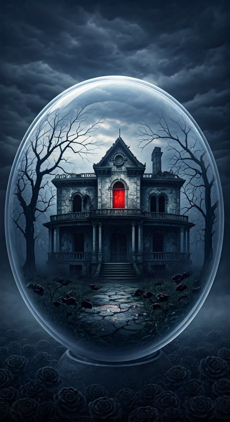Gloomy Mansion in Glass Globe with Black Roses