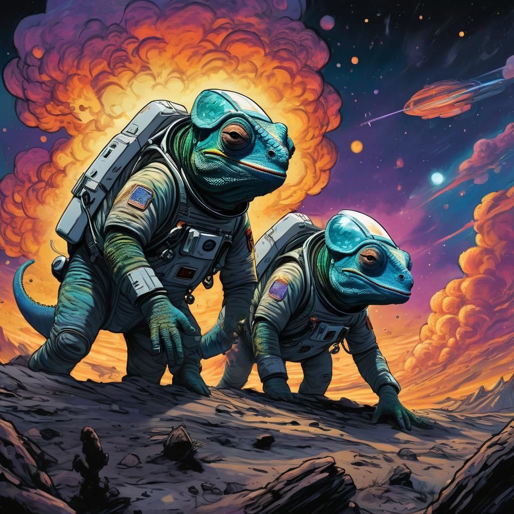 Laughing Chameleons Conquer Planet in Comic Art