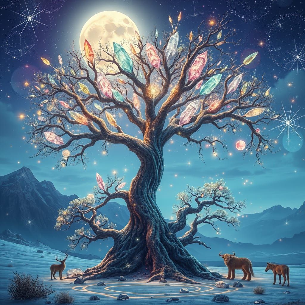 Ethereal Star-Tree Blooms in Antarctic Sky with Glowing Crys...