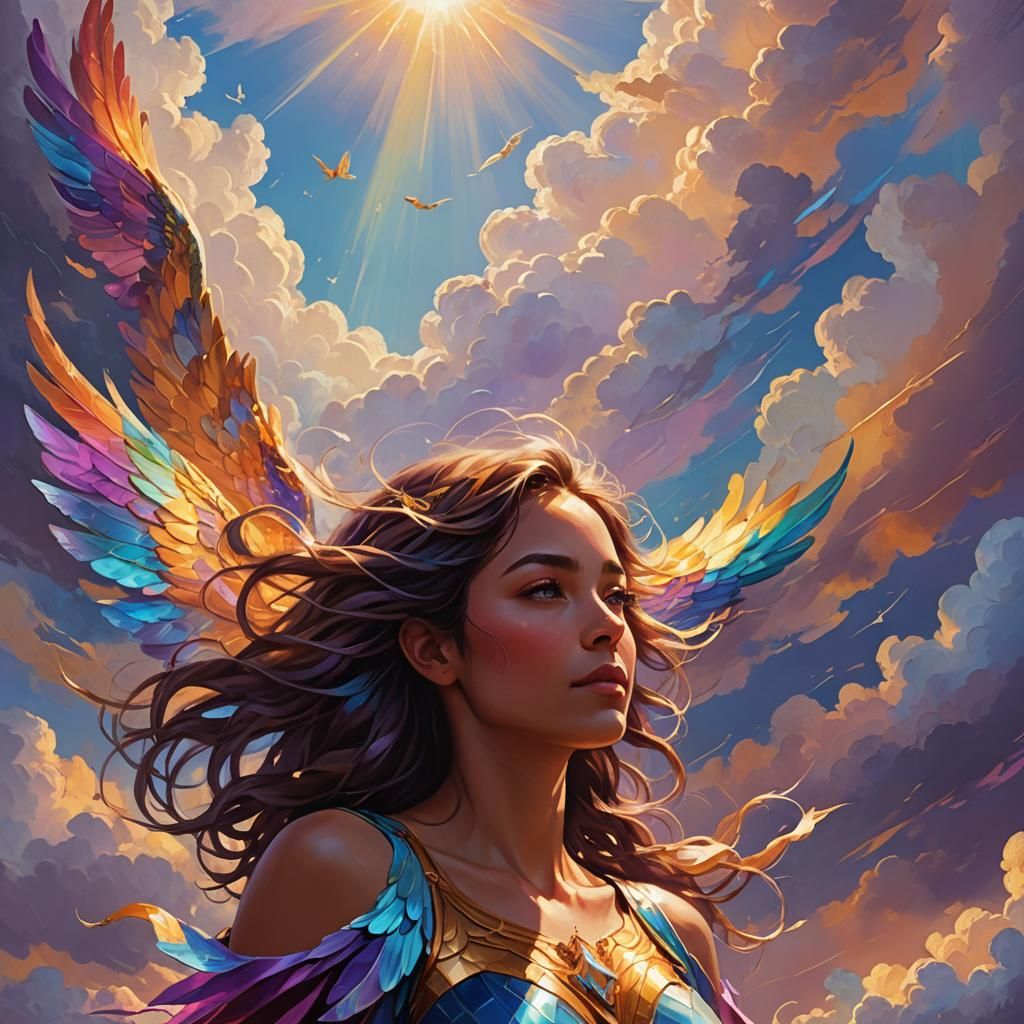 Winged Girl Flying in Clouds, Fantasy Art
