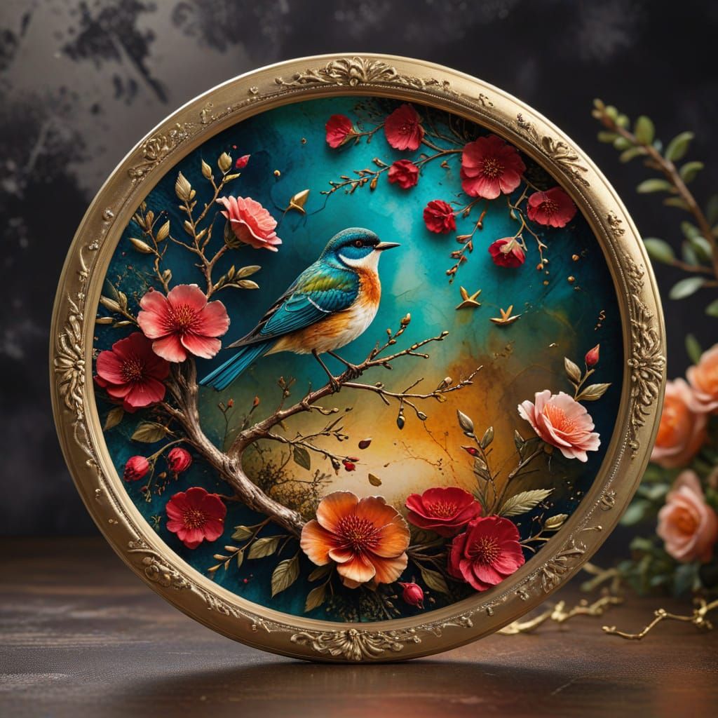 Alcohol Ink Art: Circular Design with Flowers, Bird, and Clo...