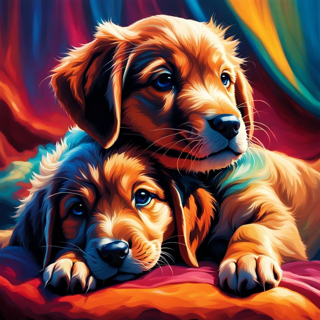 Hyperrealistic Puppies Cuddling in Splash Art Style