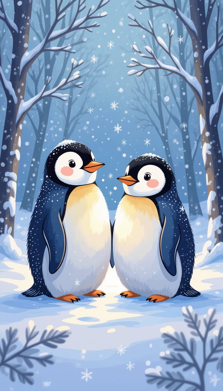 Whimsical Cartoon Penguins in Snowy Landscape