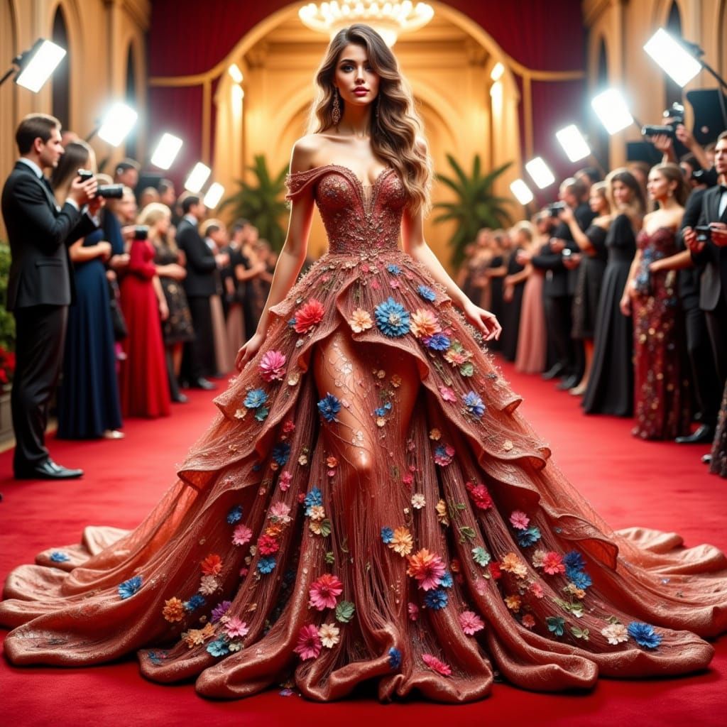Stunning Woman in Opulent Haute Couture Gown on Met Gala Red...