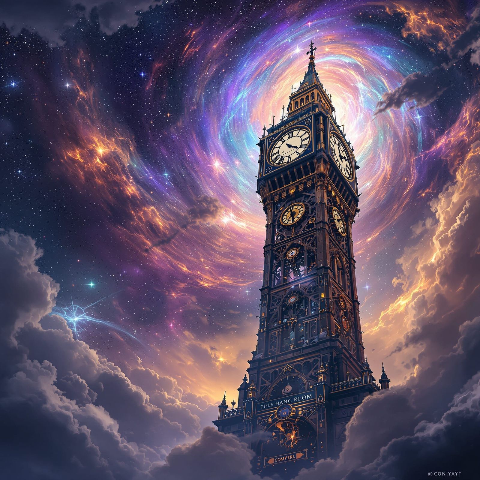 Cosmic Clock Tower in Steampunk Digital Art Style