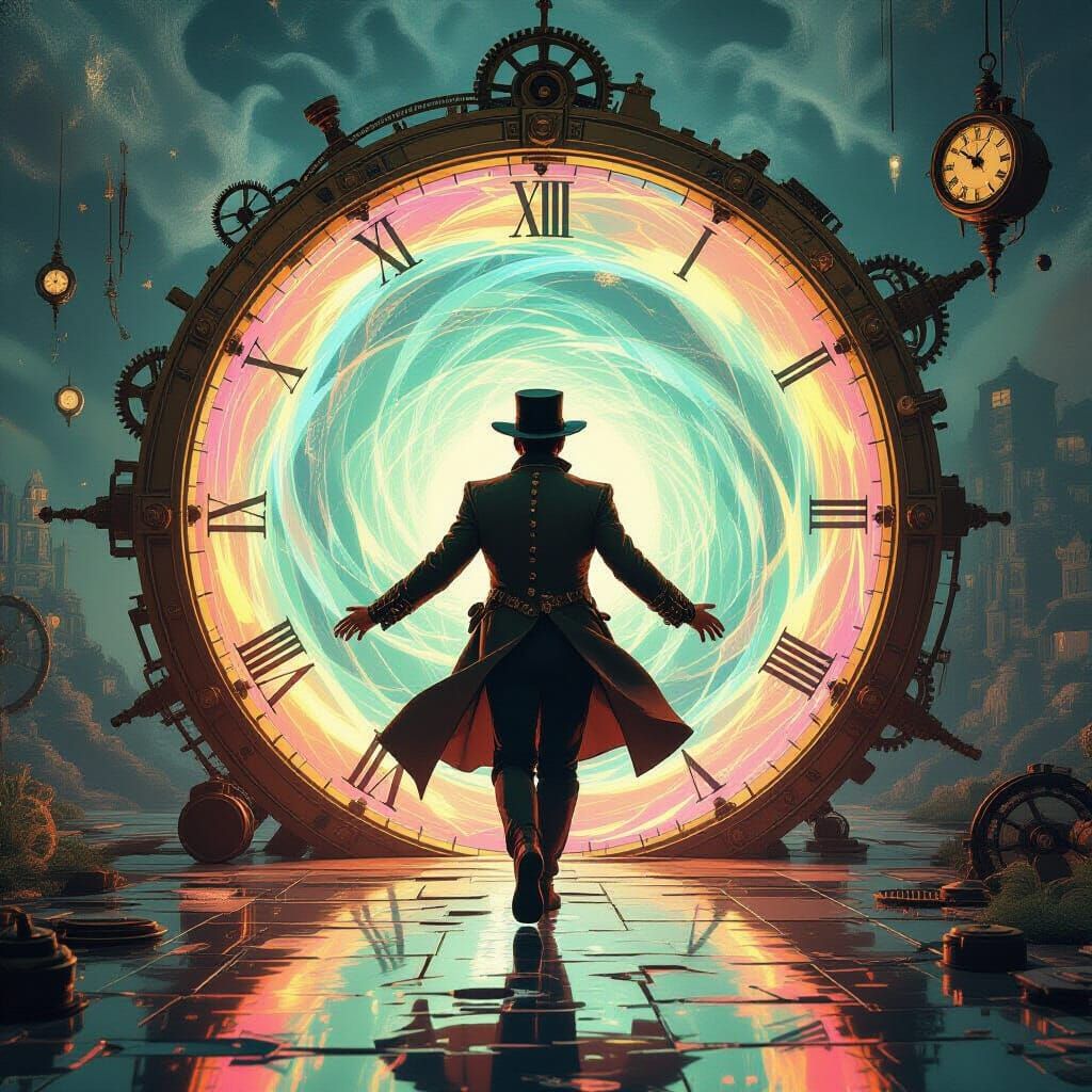 Time Traveler Emerges in Retro-Futuristic Dreamscape