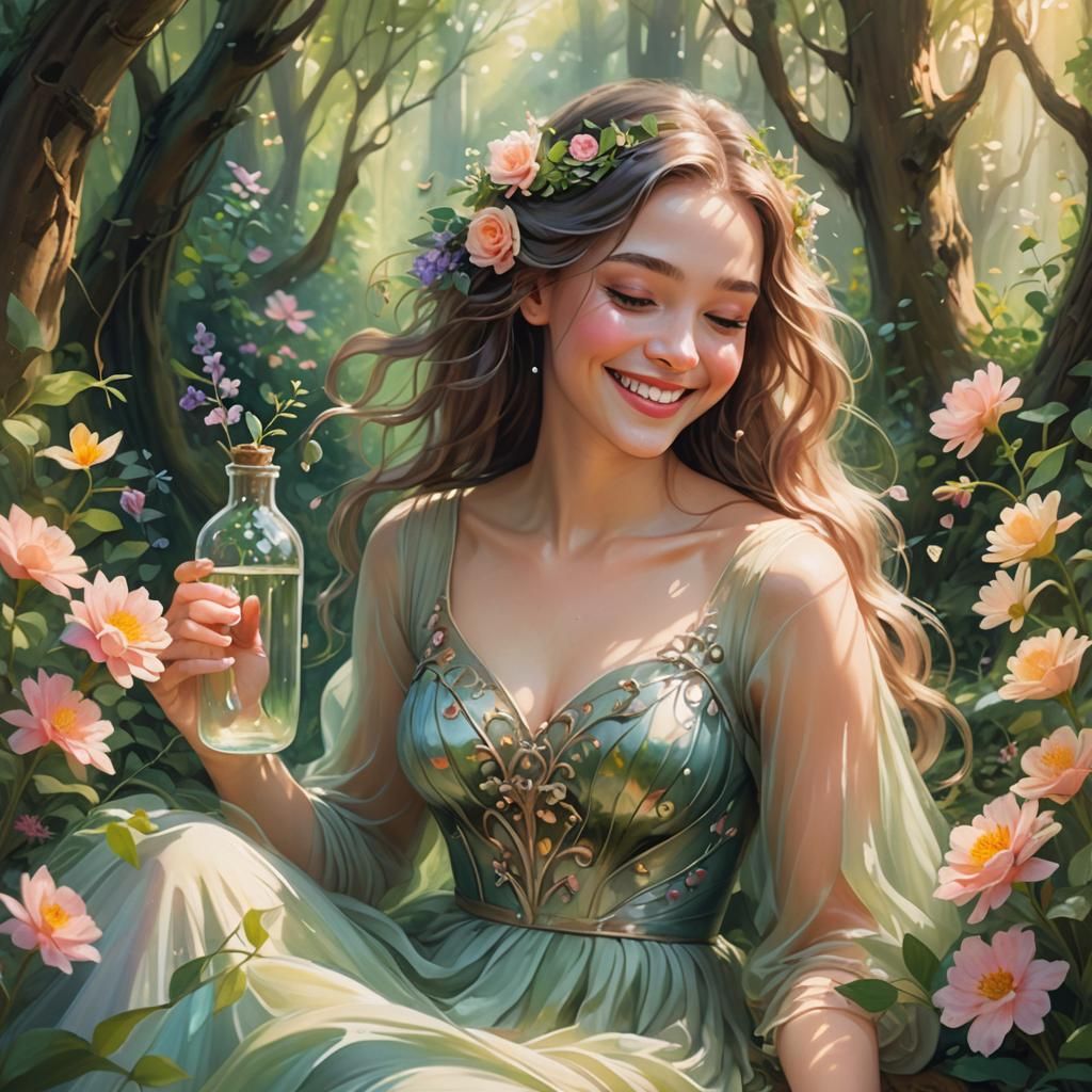 Girl in Bottle: Whimsical Fantasy Art in Deep Forest