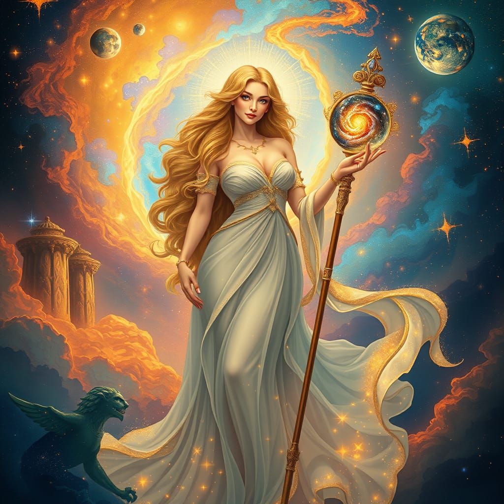 Goddess Emerges from Nebula in Art Nouveau Style