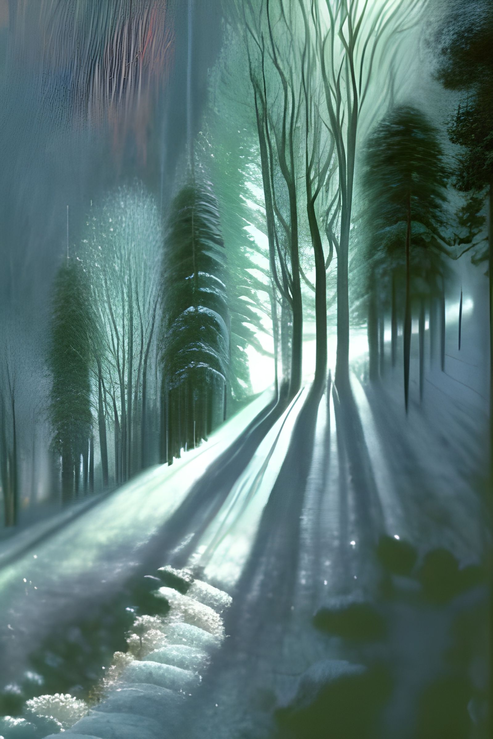 Winter forest magic - A forest clearing in the deepest winter. A forest with ancient trees Snowfall snow crystals glitte...