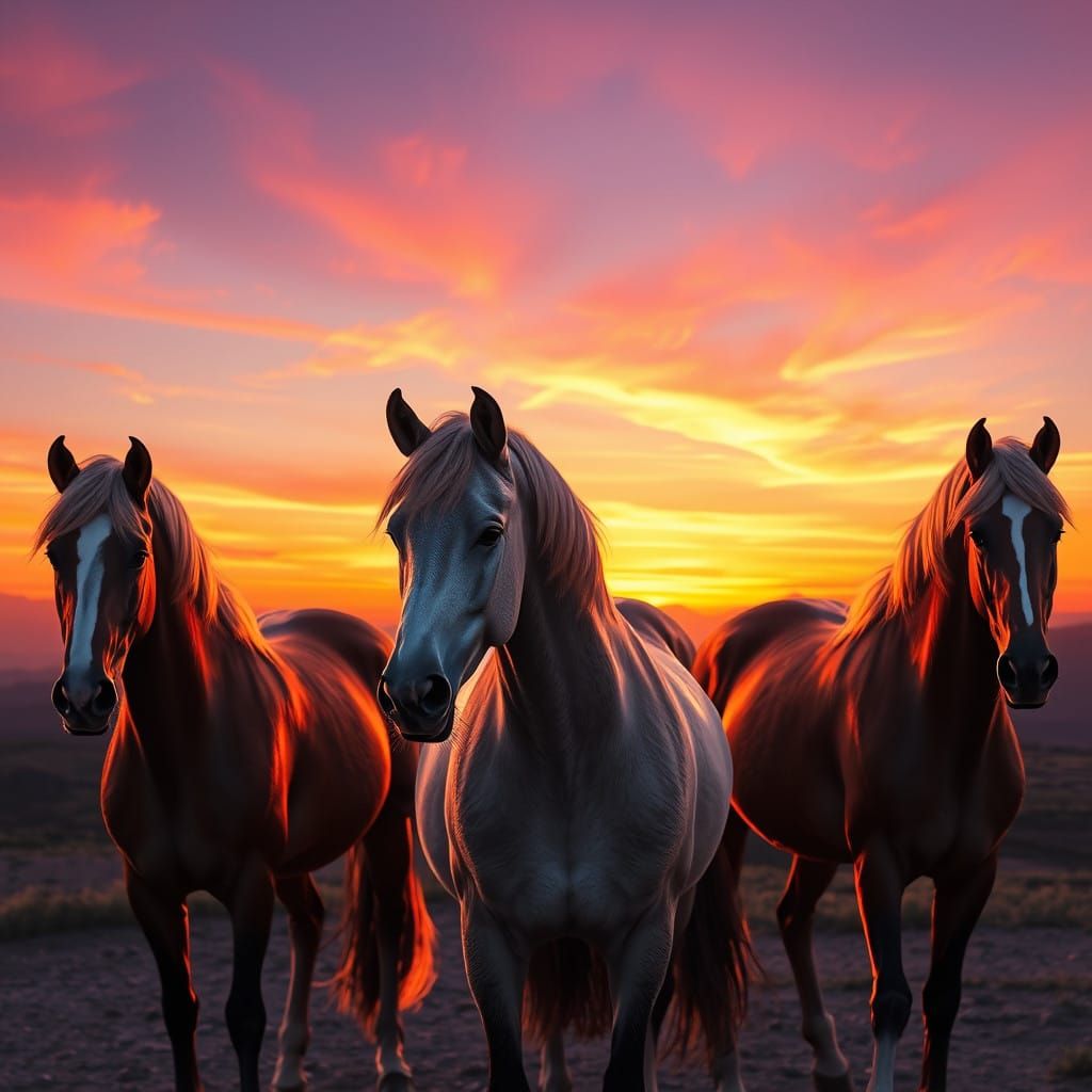 Magnificent Horses Stand Proud Against Vibrant Sunset