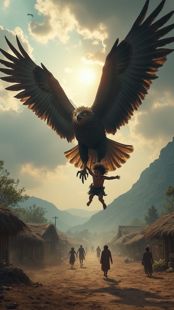 Eagle in Fierce Rescue Amidst Turbulent Village Scene