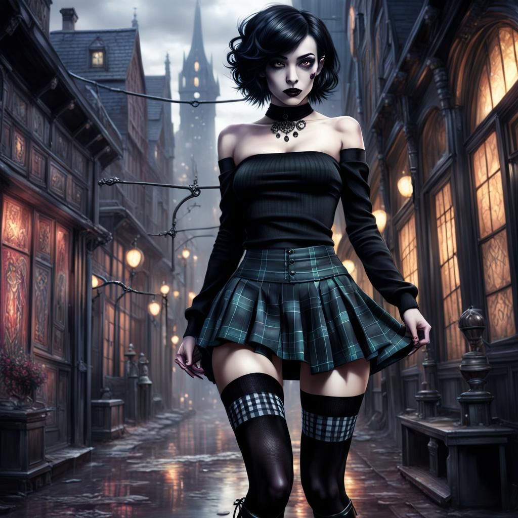 Gothic Girl in Plaid Miniskirt: Digital Art
