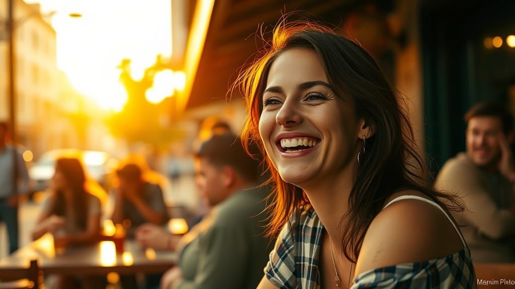 Candid Cafe Moment in Golden Hour Lighting