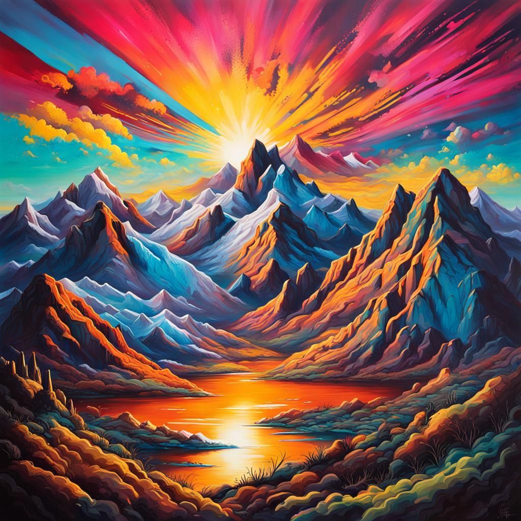 Colorful Sunrise Over Mountains in Graffiti Style
