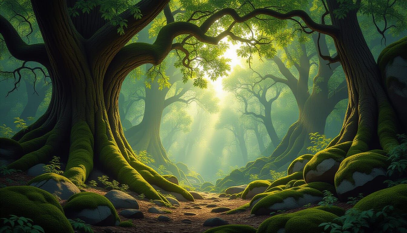 Enchanted Forest Digital Painting with Dappled Sunlight