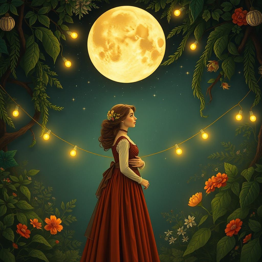 Whimsical Woman Under Vintage Moonlight
