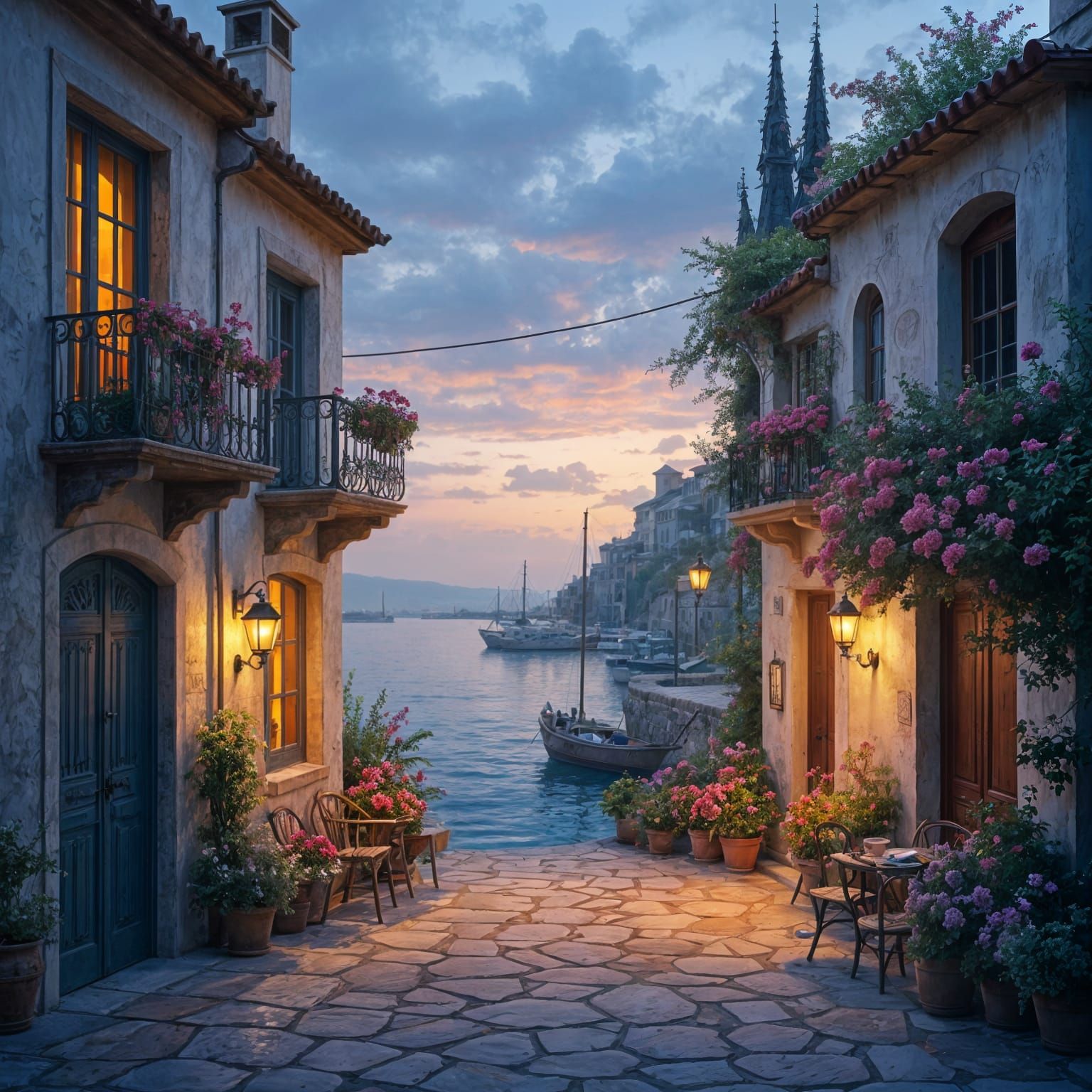 Picturesque Mediterranean Harbor at Night in Pastel Colors