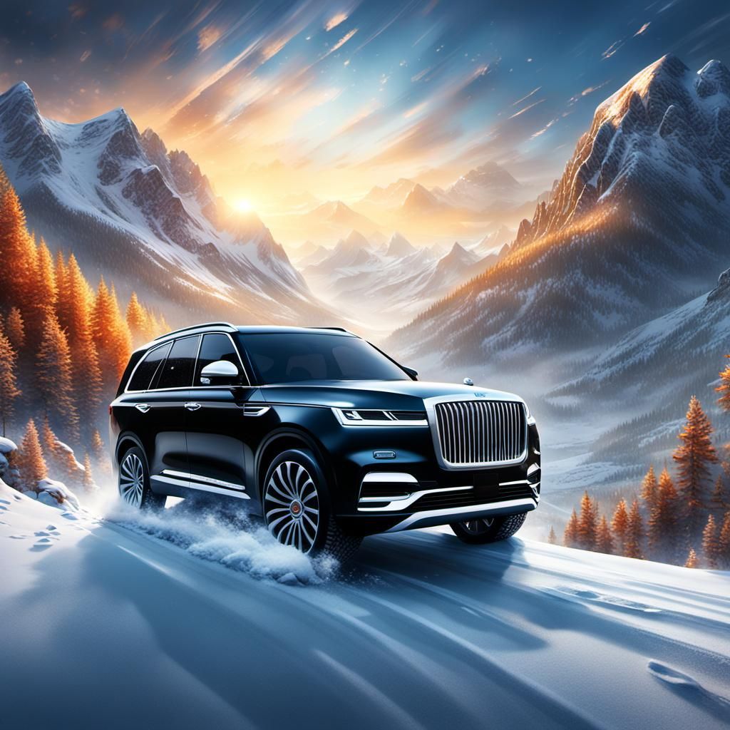 Black SUV Races Through Snowy Valley