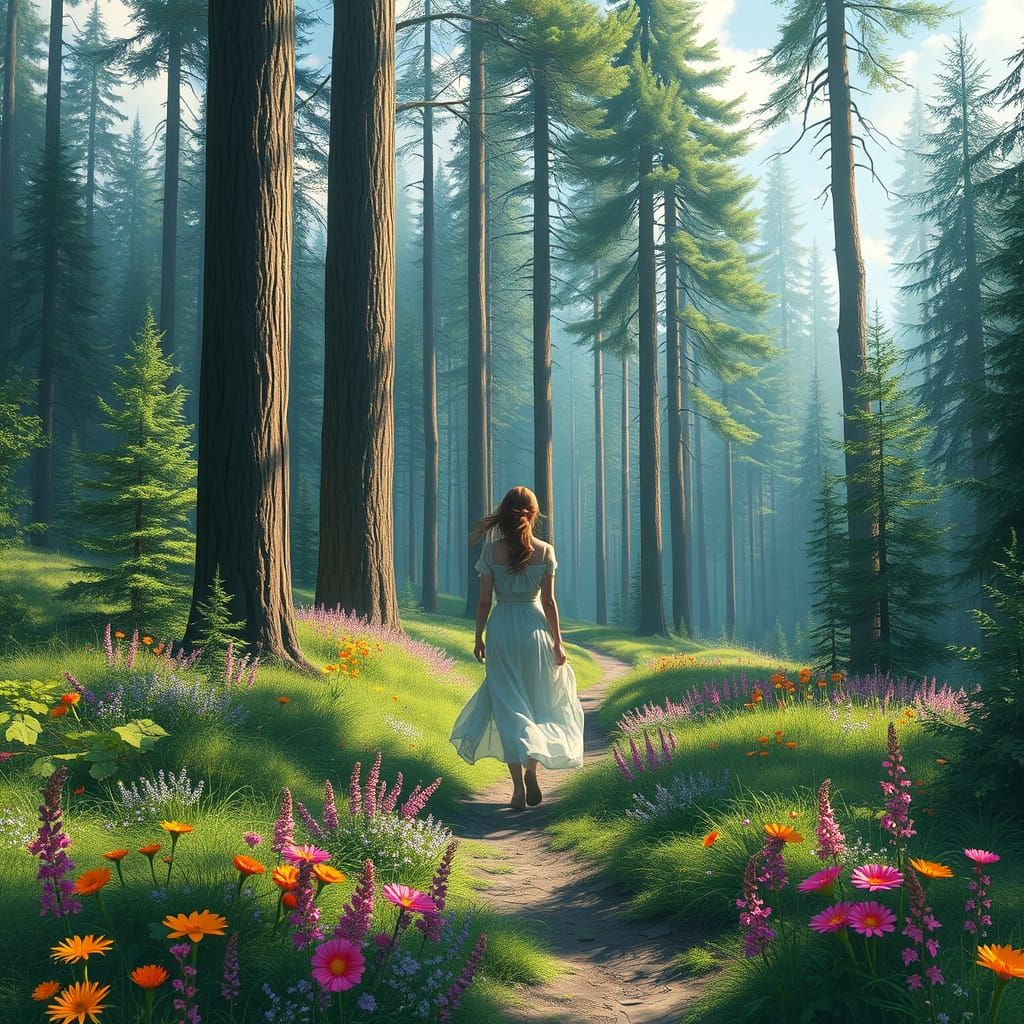Serene Woman in Forest Landscape Art