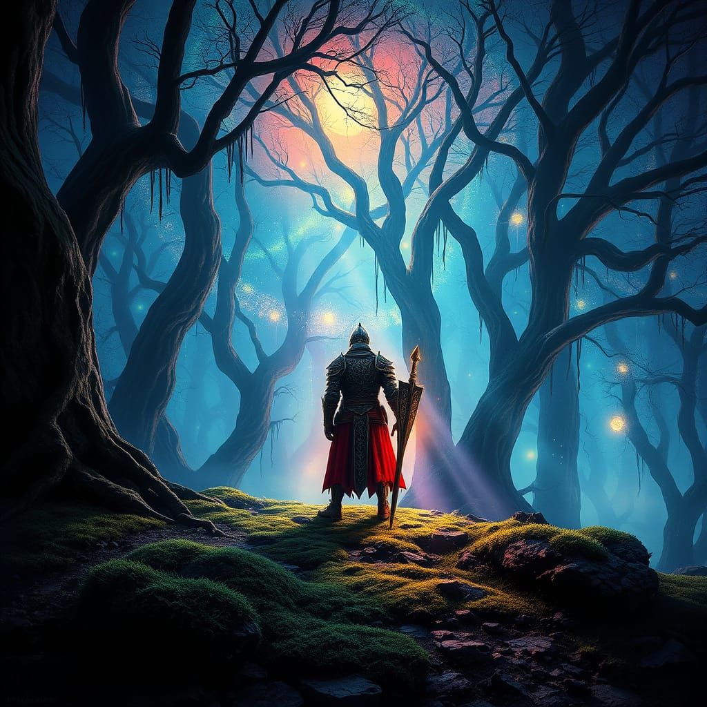 Knight in Glowing Runic Armor in Bioluminescent Forest
