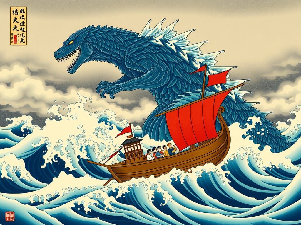 Godzilla Wave in Ukiyo-e Japanese Painting