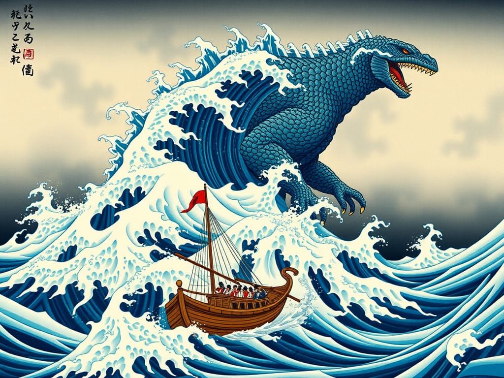 Godzilla Wave in Ukiyo-e Style