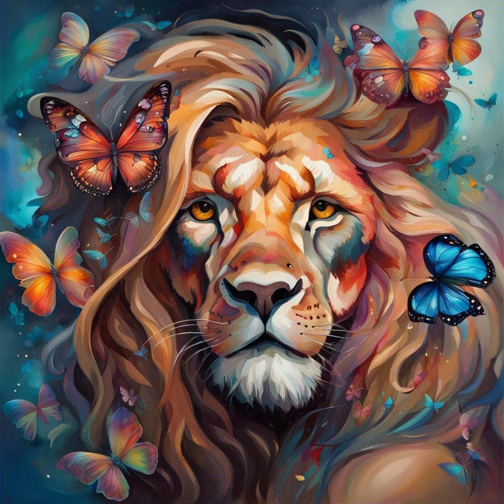Lion Portrait with Girl and Butterflies in Galaxy