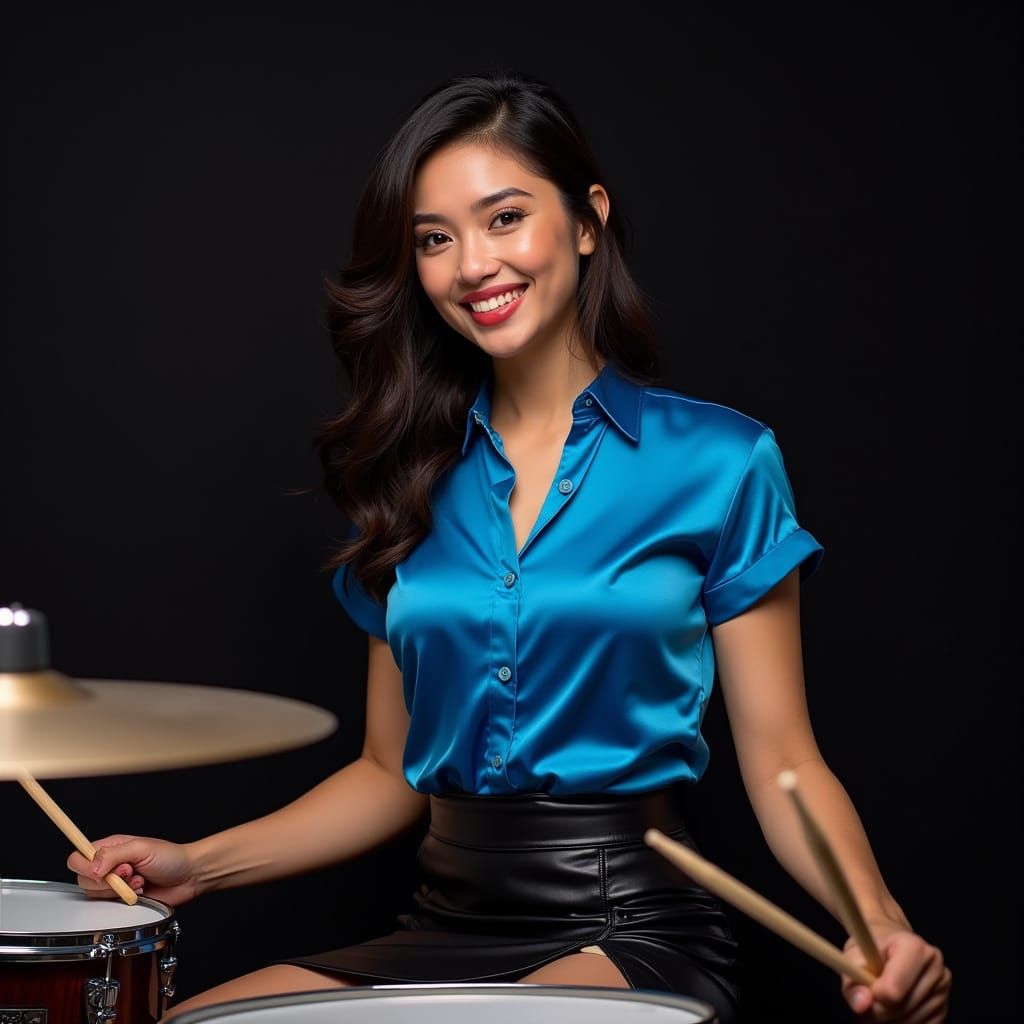 Charming Drummer Woman in Vibrant Blue
