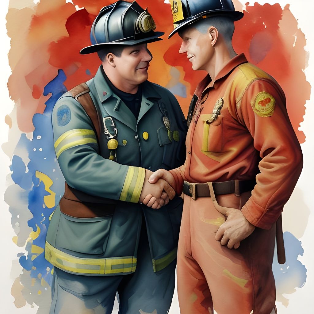 Firefighter Handshake in Gouache Watercolor Style