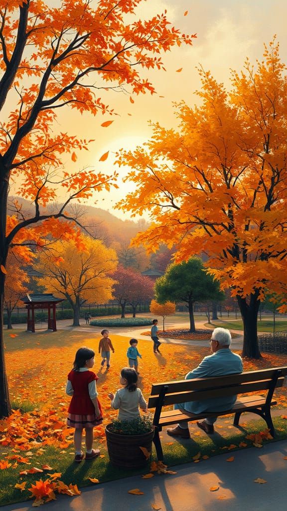 Autumn in a Korean Park: Elderly Couple and Children at Suns...