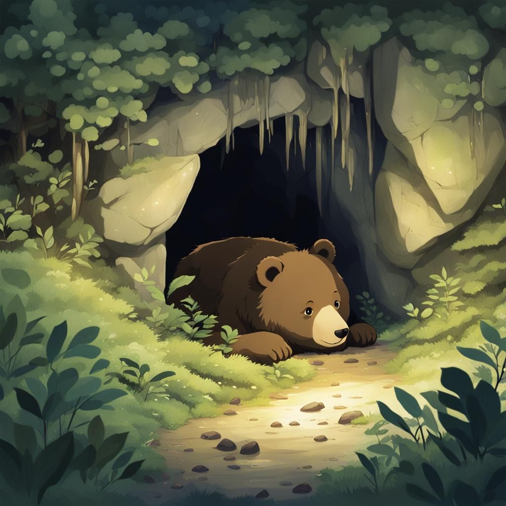 Bear Cub Hibernating: Anime Style Forest Cave