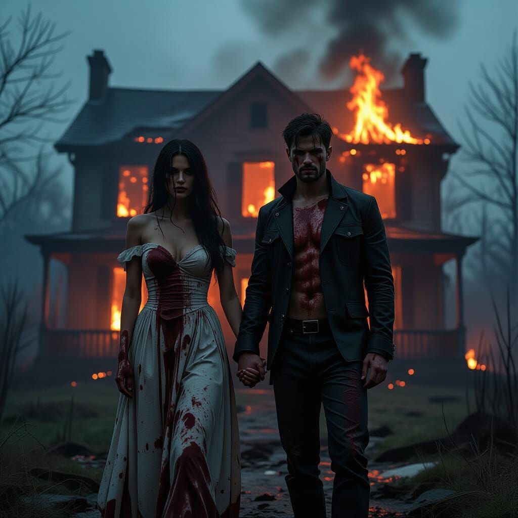 Bloodied Lovers Before Burning House in Gothic Style