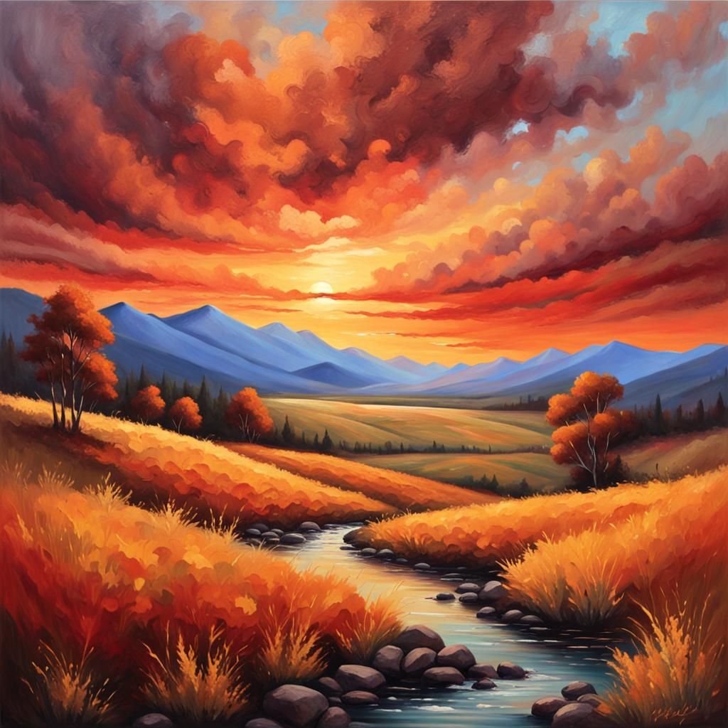 Warm Sunset Painting of Majestic Mountains and Rolling Hills