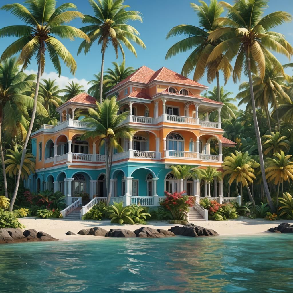 Caribbean Mansion on Beach in Photorealistic 3D