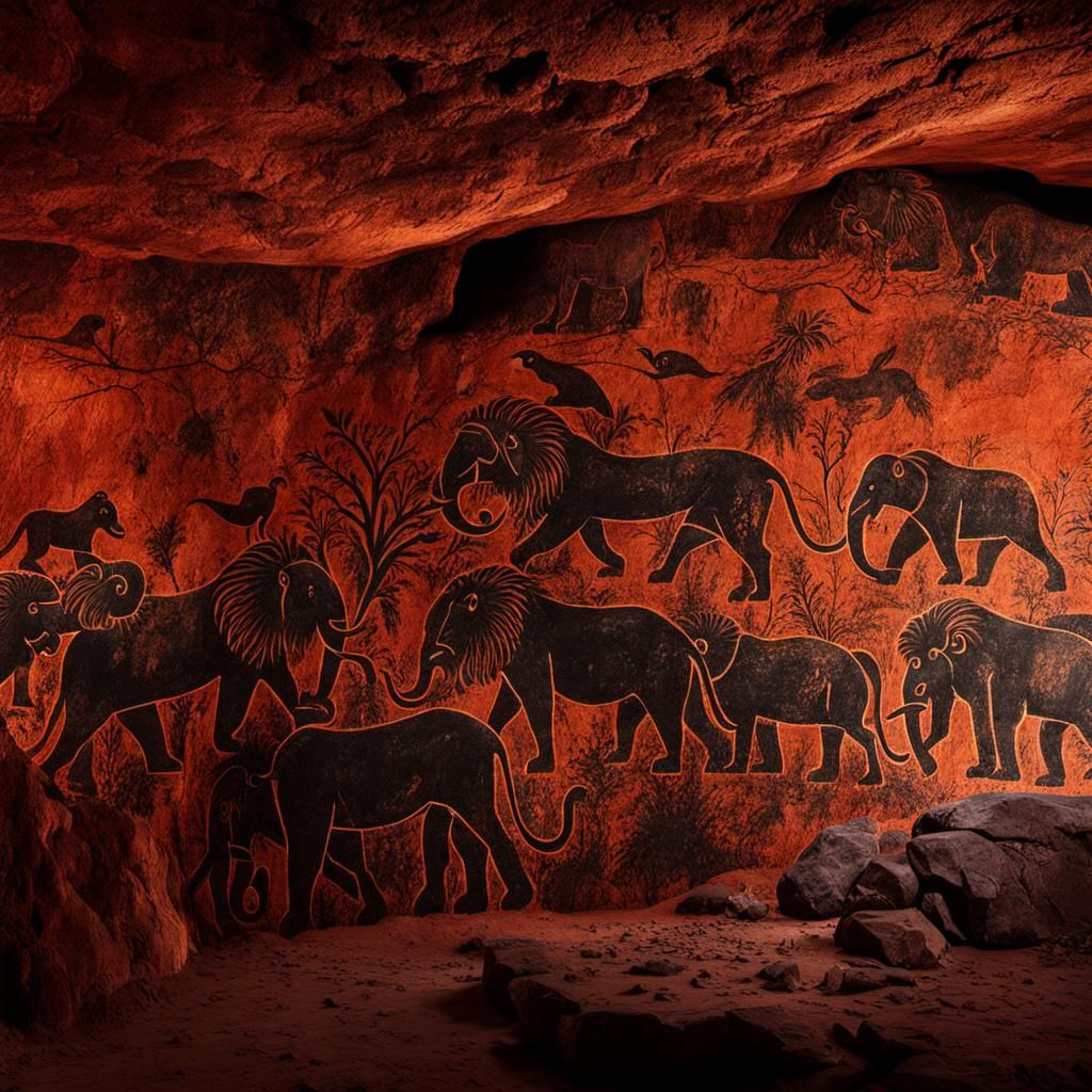 Prehistoric Cave Art with Mammoths and Figures