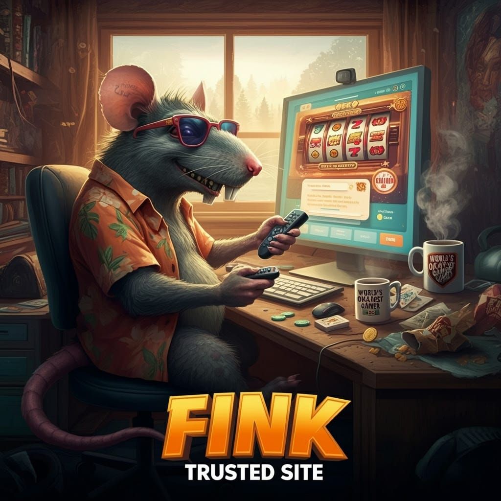 Gaming Ratfink in Hawaiian Attire Enjoys Slot Machine Frenzy