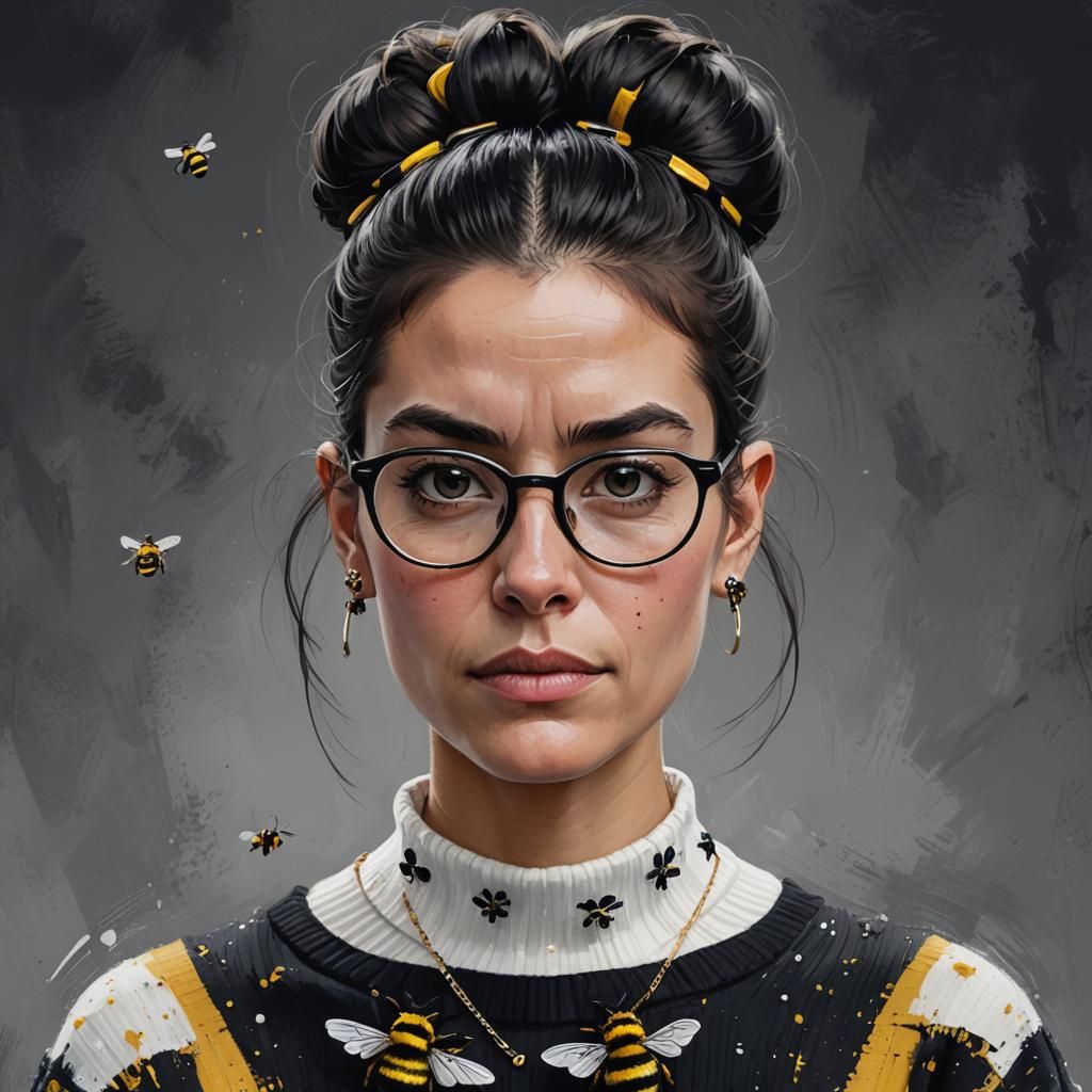 Detailed Portrait of Woman with Black Bun and Glasses