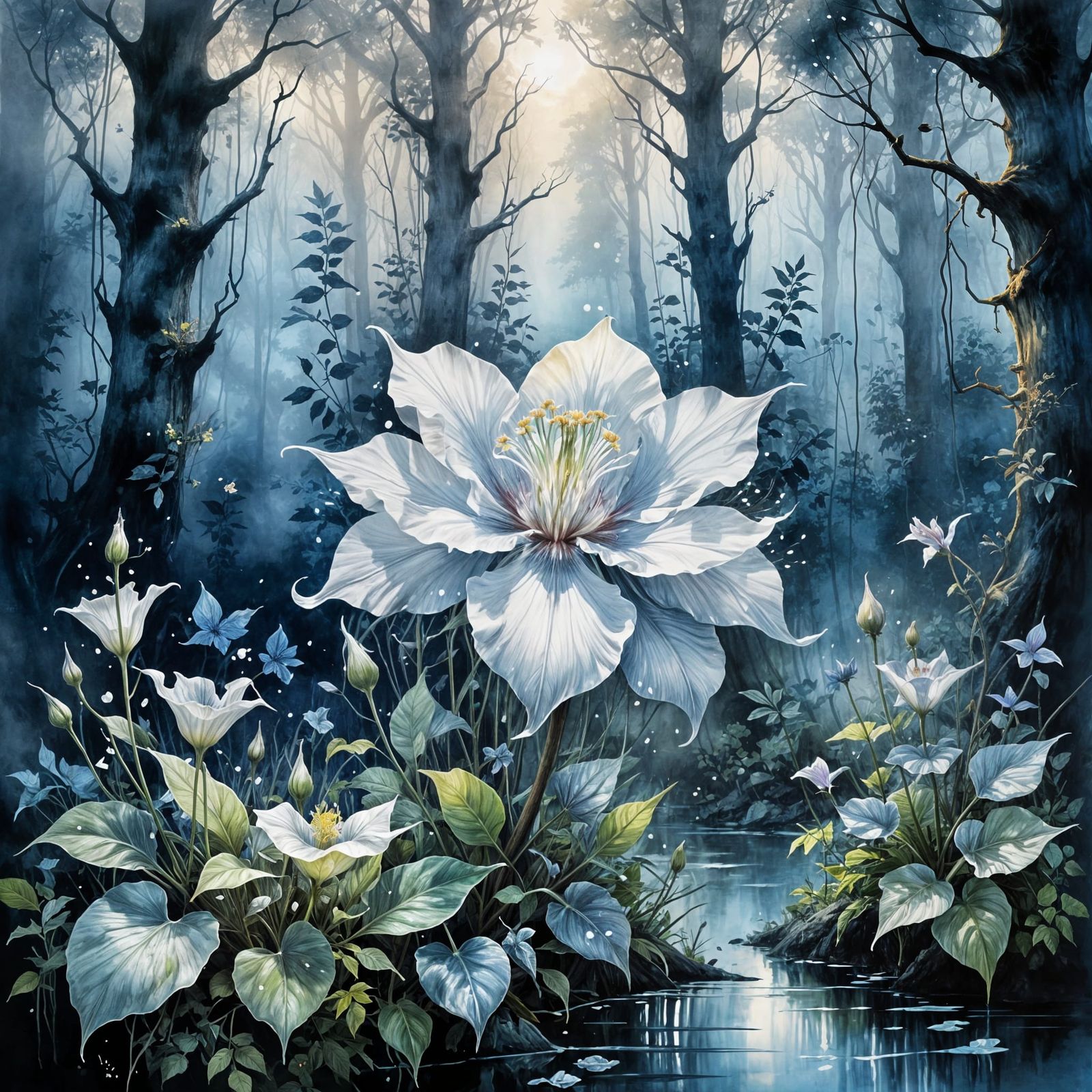 Bioluminescent Moonflower Unfurling in Ancient Forest