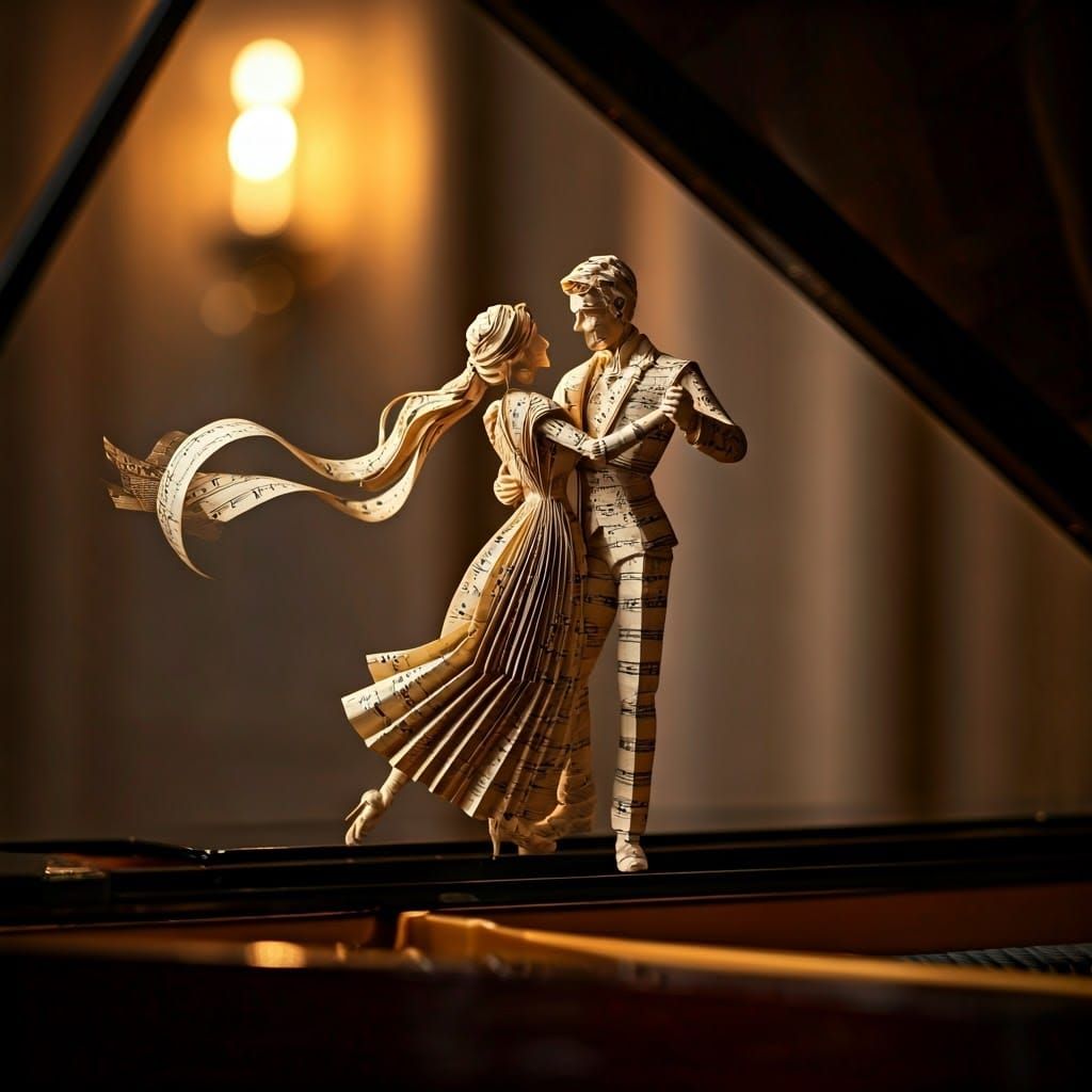 Sheet Music Dancers on Piano in Dreamy Lighting