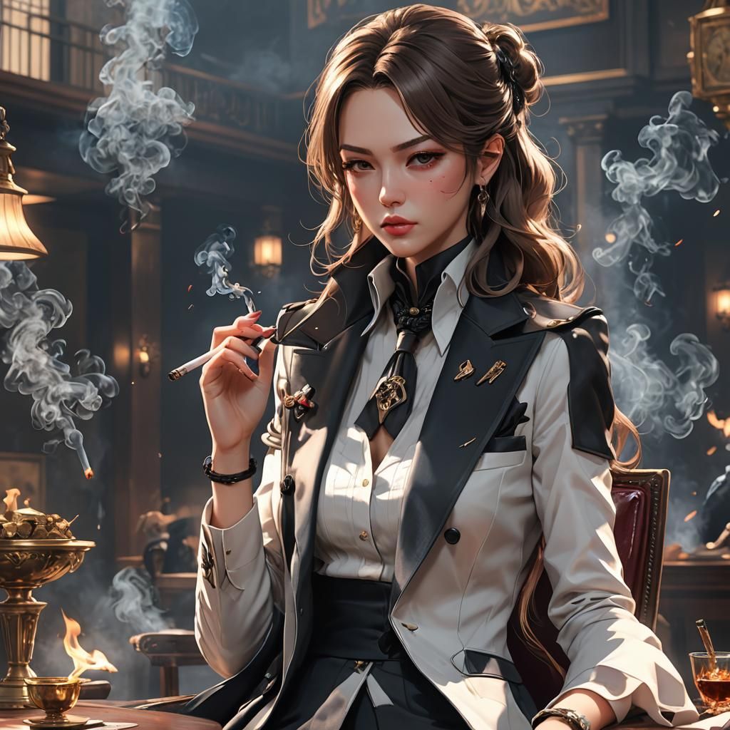 Anime-Style Lady Mafia Boss Smoking