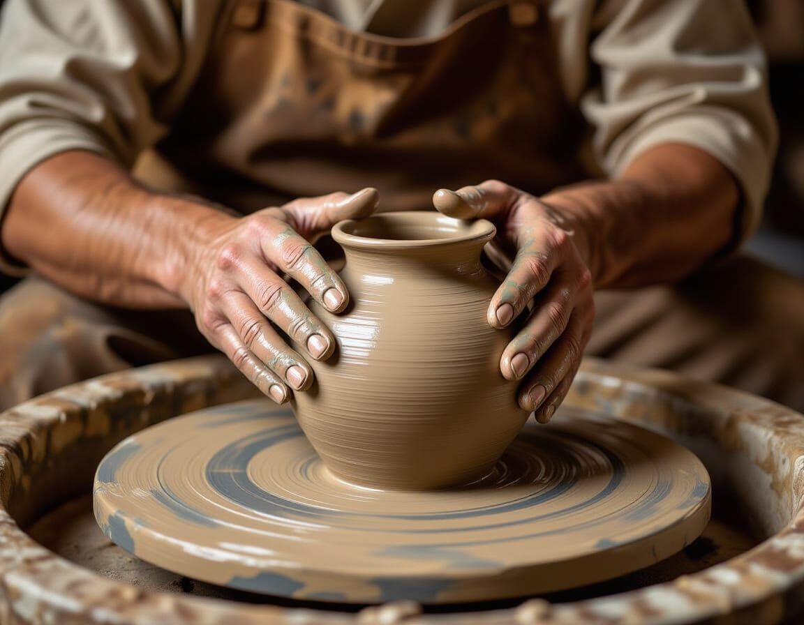 Hands Shape Clay Vessel on Potter's Wheel